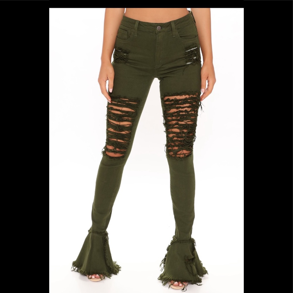 Flare Leg Jeans - olive